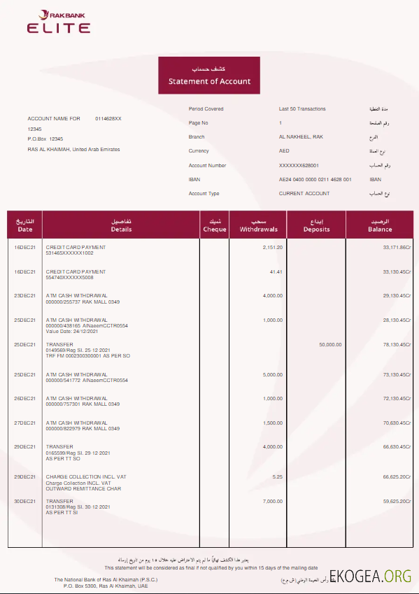 Modèle Word et PDF de relevé bancaire UAE Rakbank Elite avec